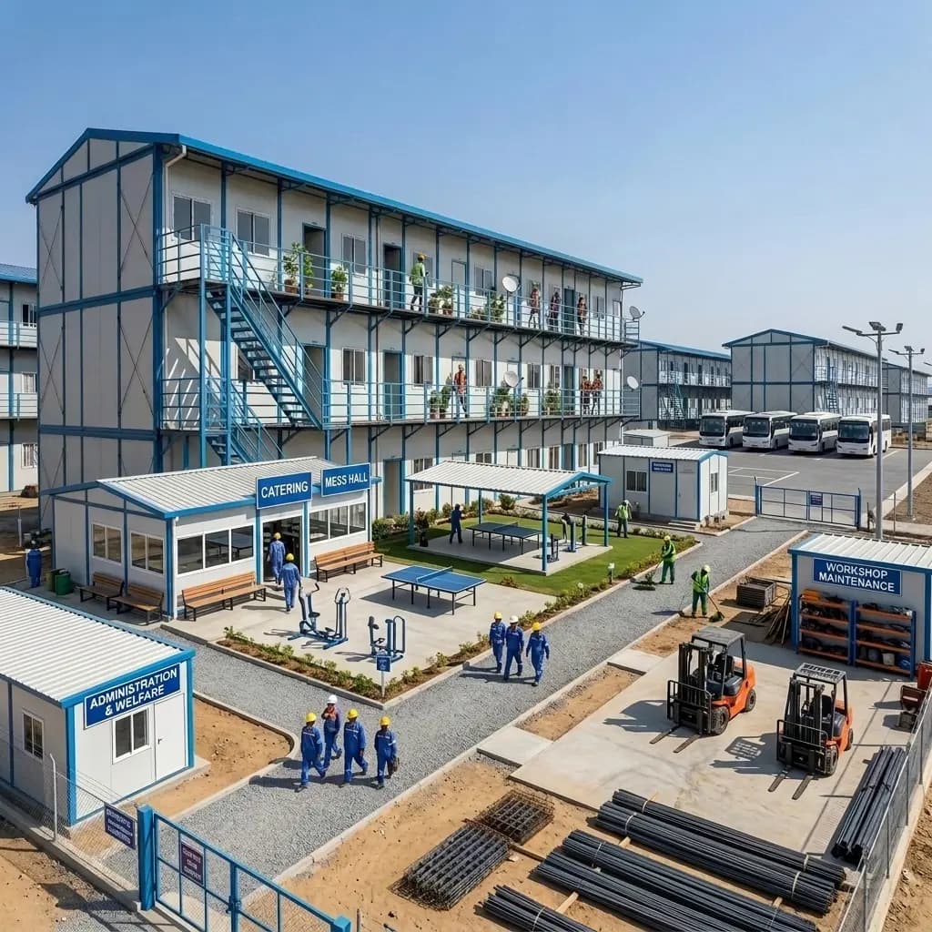Labour camp setup in Bangalore — overview of a complete workers' camp: G+2 dormitory block with external stairs, catering and mess hall, covered recreation area, administration and welfare office, workshop and maintenance store, bus parking and a fenced gate