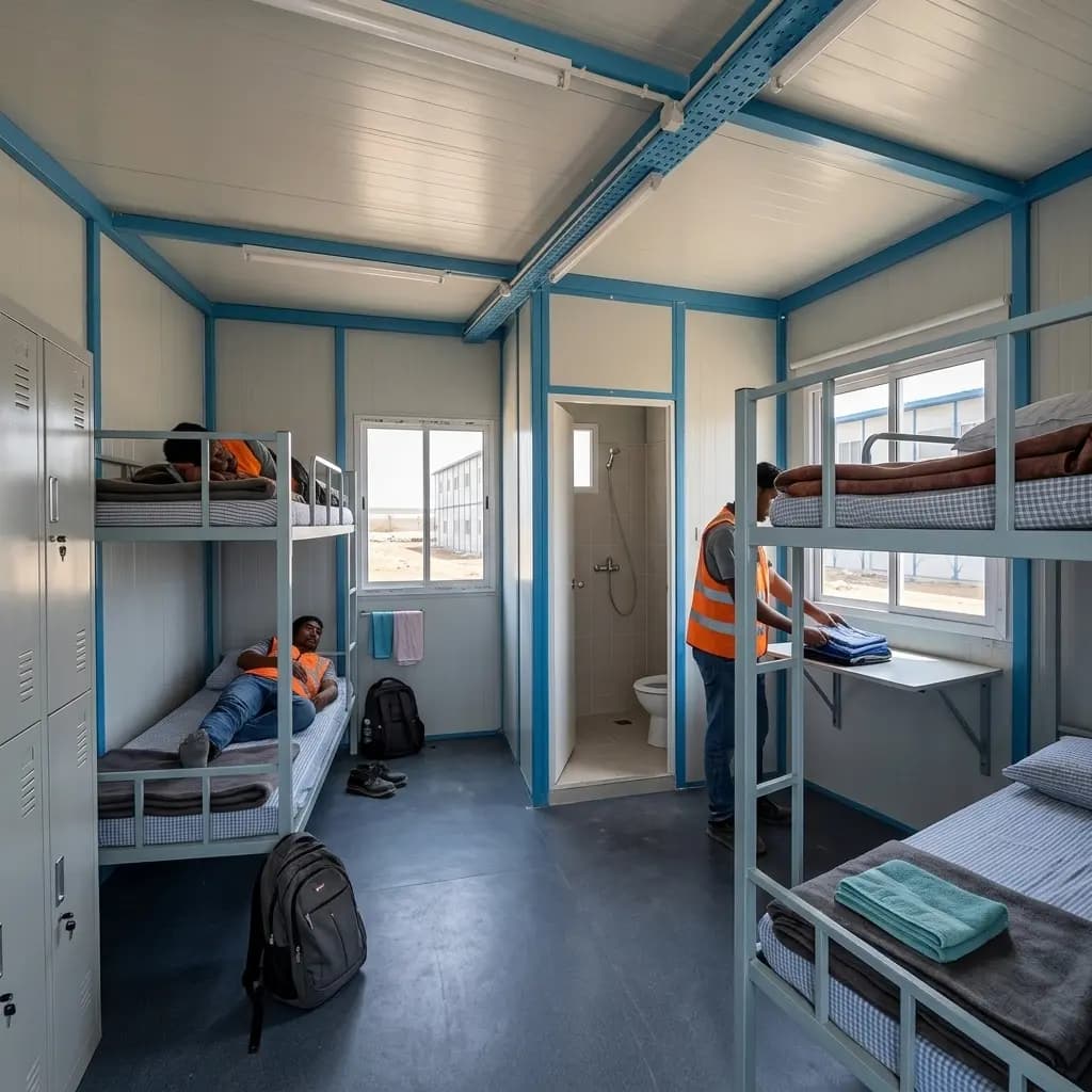 Labour camp setup in Bangalore — inside a dormitory block: double-tier bunk beds, steel lockers, a wall-mounted desk, mesh-screened windows and an attached shower and toilet, with lighting and cable tray already fitted