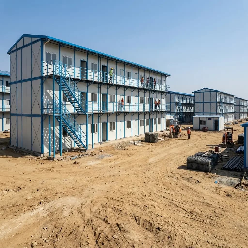 Labour camp setup in Bangalore — G+2 dormitory block with external steel stairs and covered walkways on each floor, workers on the balconies and site vehicles in the yard