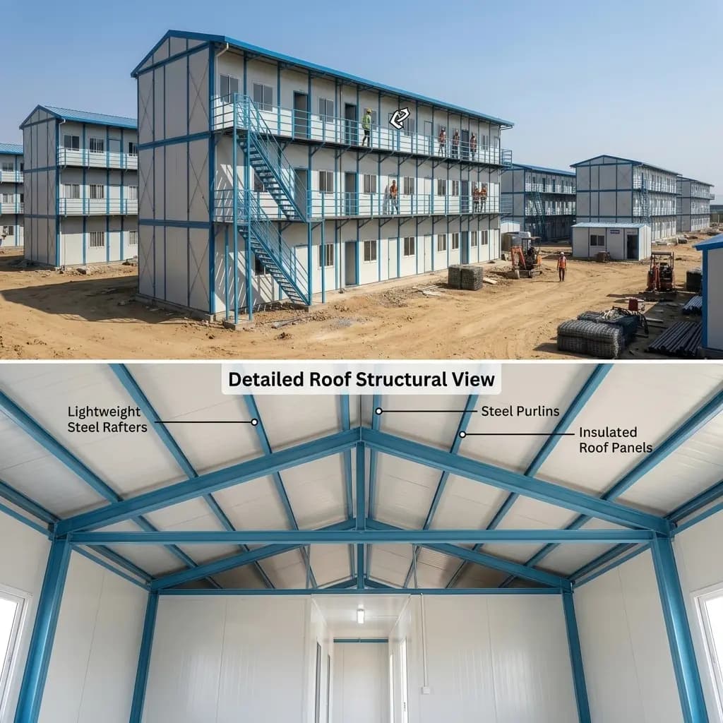 Labour camp setup in Bangalore — G+2 dormitory block exterior above a labelled view of the roof structure: lightweight steel rafters, steel purlins and insulated roof panels