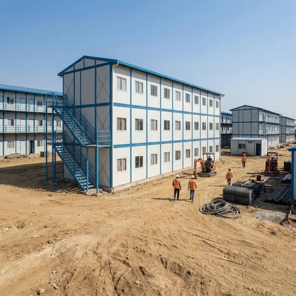 Labour camp setup in Bangalore — G+2 dormitory block with a blue steel frame and external staircase on a construction site, with a site office cabin, a mini excavator and coils of pipe in the yard and more blocks behind