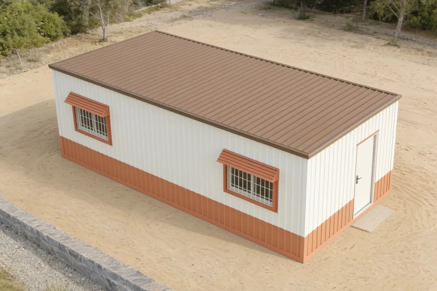 Porta cabin for Devanahalli and Bengaluru Airport-area sites — illustrative raised view of the white and terracotta cabin showing its brown ribbed roof, two hooded grilled windows and the white door on a cleared sand plot
