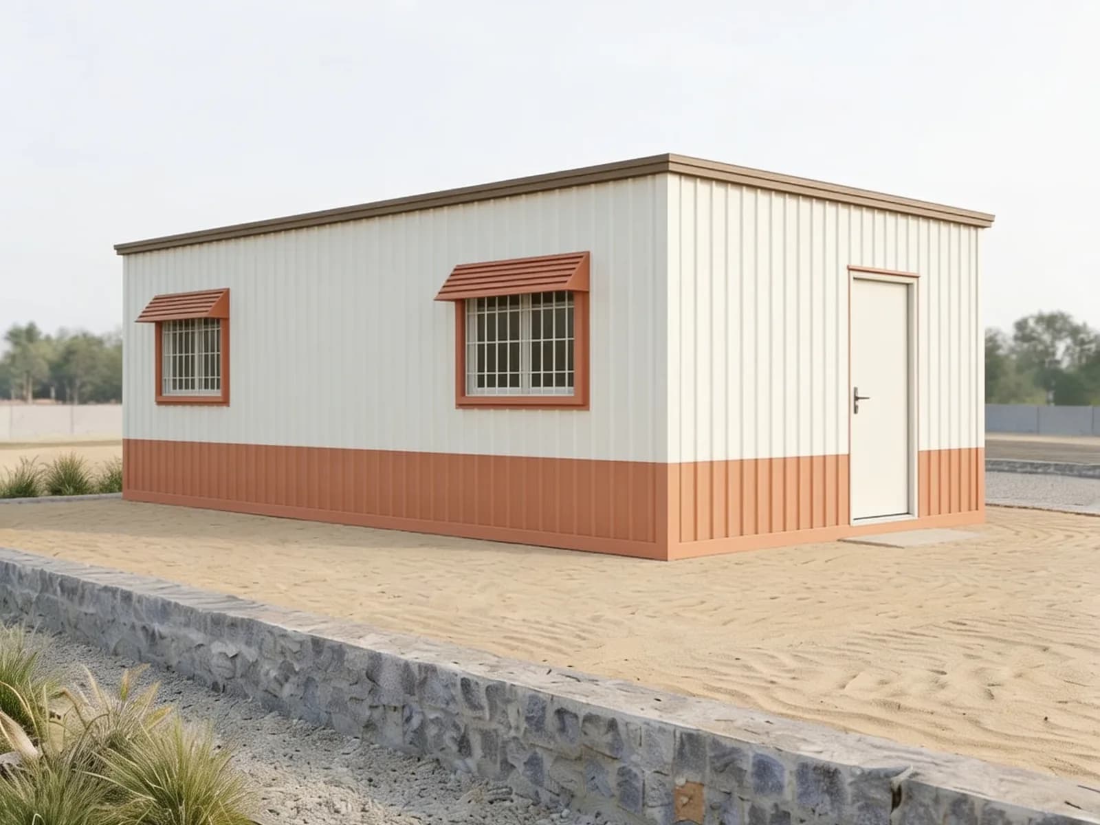 Porta cabin for Devanahalli and Bengaluru Airport-area sites — illustrative render of a white ribbed-steel cabin with a terracotta base band, two grilled windows under small hoods and a white door, on a levelled sand plot behind a stone kerb
