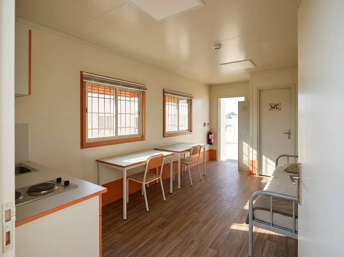 Porta cabin for Devanahalli and Bengaluru Airport-area sites — illustrative render of a fitted interior with a pantry counter, sink and two-plate electric hob, two tables with chairs, a single bed, a WC door, sliding grilled windows with blinds and wood-look flooring