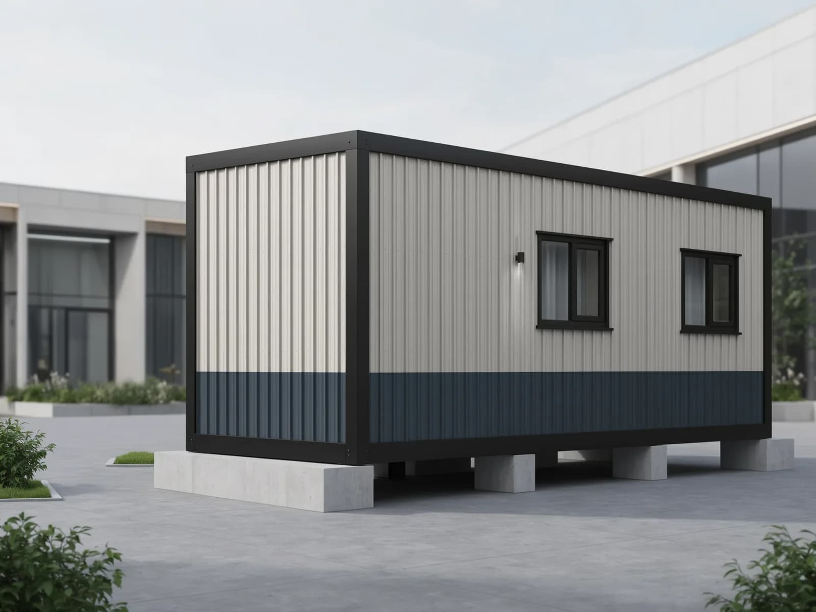 Portable cabin in Attibele — illustrative render of a portable cabin with white and navy corrugated steel walls in a black frame, two black-framed windows and a wall light, raised on concrete block supports in a paved industrial yard