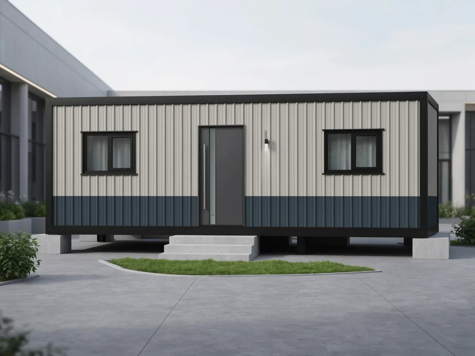 Portable cabin in Attibele — illustrative front view of the white and navy cabin with a dark entrance door with a glass strip and pull handle, two black-framed sliding windows, a wall light and concrete steps, on concrete supports