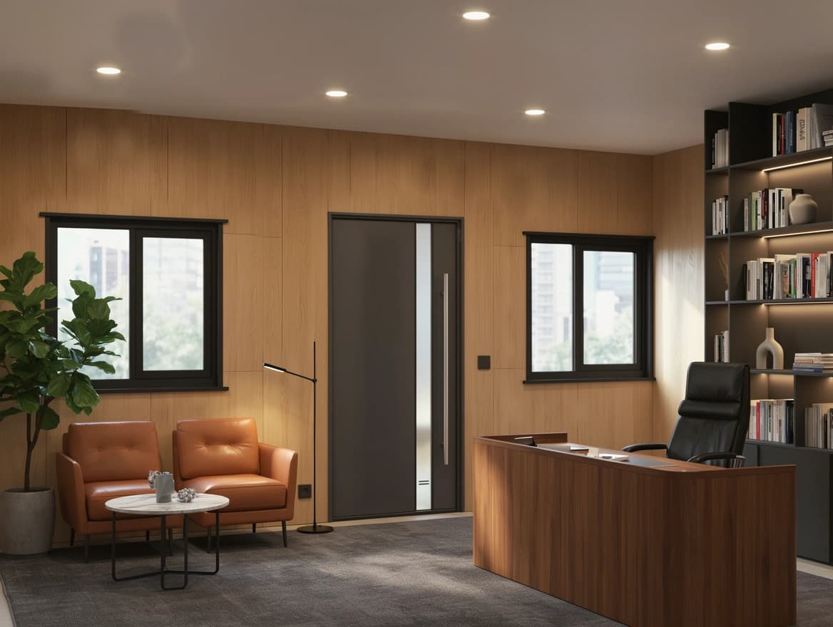 Portable cabin in Attibele — illustrative render of an optionally furnished executive office interior with wood-finish wall panels, a wooden desk and black leather chair, two tan armchairs and a coffee table, a lit bookshelf, recessed ceiling lights, black-framed windows and a dark entrance door with a glass strip