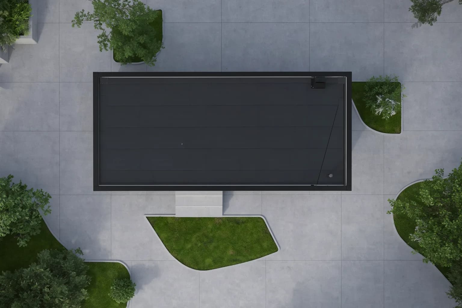 Portable cabin in Attibele — illustrative top-down view of the cabin's flat dark roof inside its black frame, with the concrete entrance steps and the landscaped paving around it