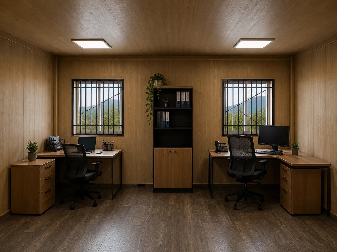 Portable cabin in Gummidipoondi — illustrative render of an optionally furnished office interior with wood-finish wall and ceiling panels, two grilled windows, two desks with a laptop and a monitor, mesh office chairs, a tall storage cabinet, drawer units and dark plank flooring