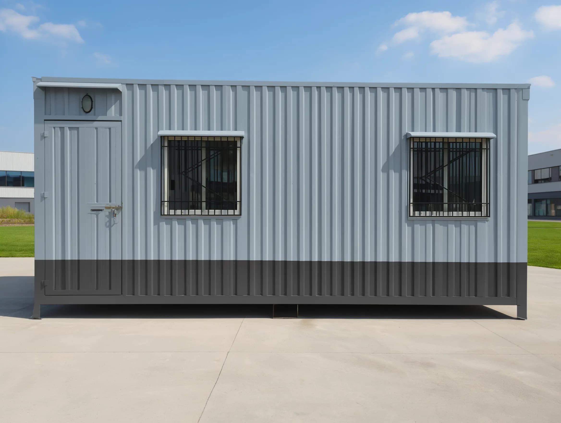 Portable cabin in Kanakapura — illustrative render of a container-style portable cabin with light grey corrugated walls, a charcoal lower band, a steel entrance door with a round light above it and two grilled windows under small hoods, on a paved yard