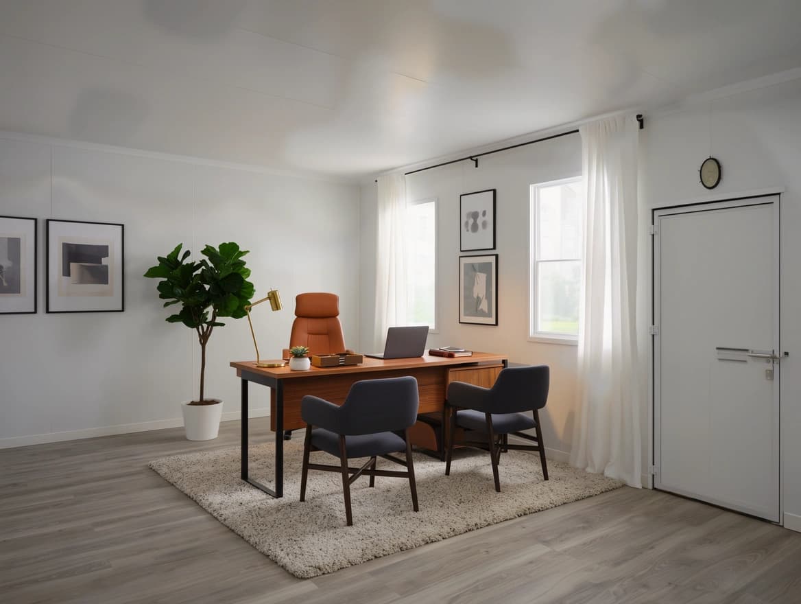 Portable cabin in Kanakapura — illustrative render of an optionally furnished office interior with a wooden desk, a leather chair and two visitor chairs on a rug, white wall panels, a steel entrance door, two curtained windows, framed pictures and wood-look flooring