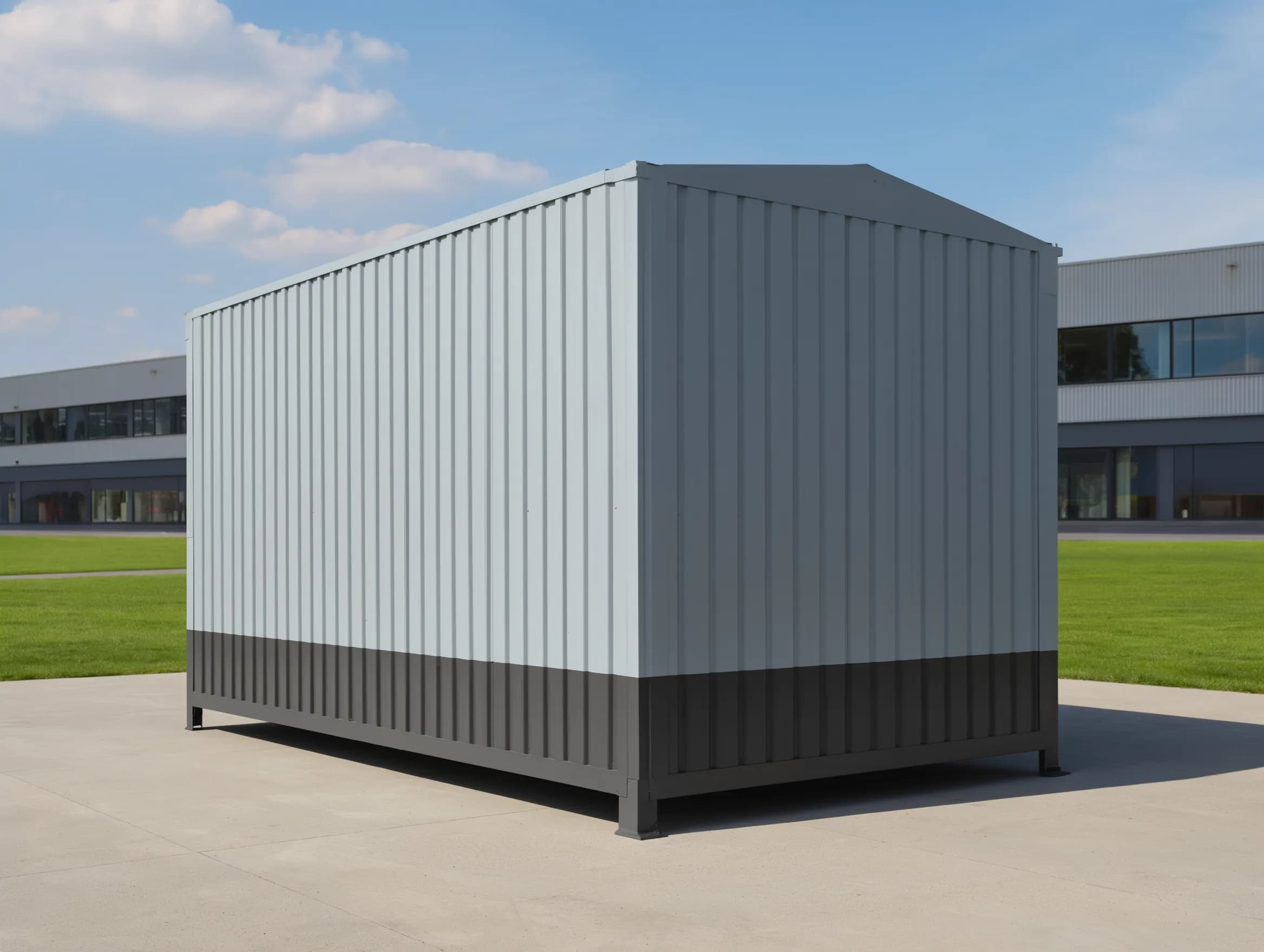 Portable cabin in Kanakapura — illustrative rear view of the container-style cabin showing the plain corrugated long wall and end wall, the charcoal lower band and the pitched roof, on a paved yard