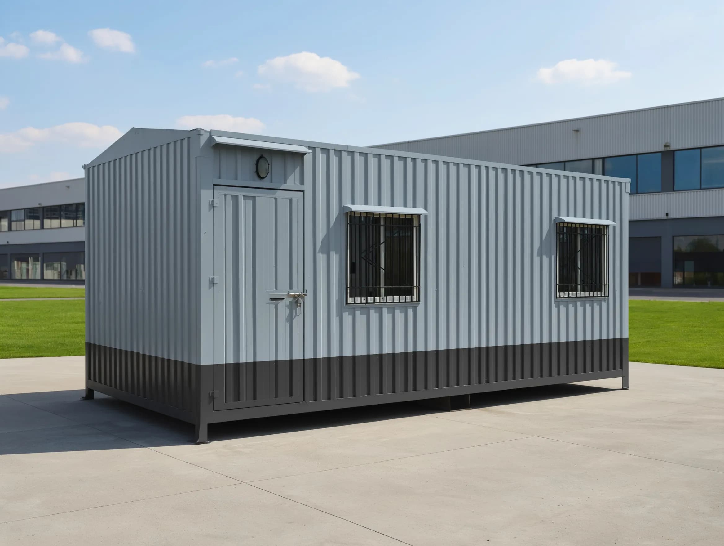 Portable cabin in Kanakapura — illustrative three-quarter view of the container-style cabin showing the steel entrance door, two grilled windows under hoods, the plain end wall and the gently pitched roof, on a paved yard