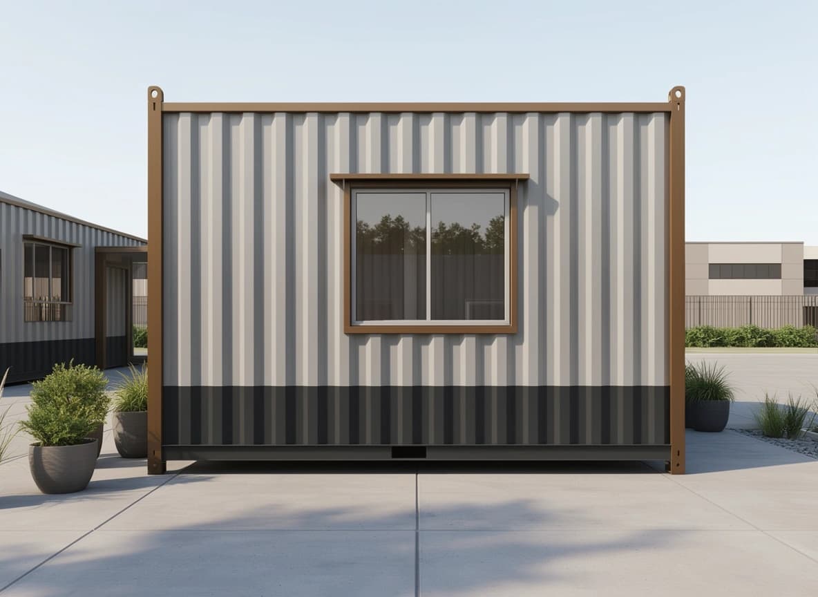 Portable cabin in Tumkur — illustrative end elevation of a container-style cabin with one framed sliding window under a small hood, light grey corrugated walls and a charcoal lower band, with a similar cabin alongside