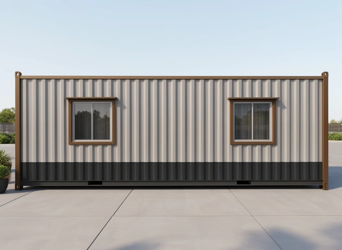 Portable cabin in Tumkur — illustrative render of a container-style portable cabin with light grey corrugated walls, a charcoal lower band, bronze-brown corner posts and two framed sliding windows on the long side, on a paved yard