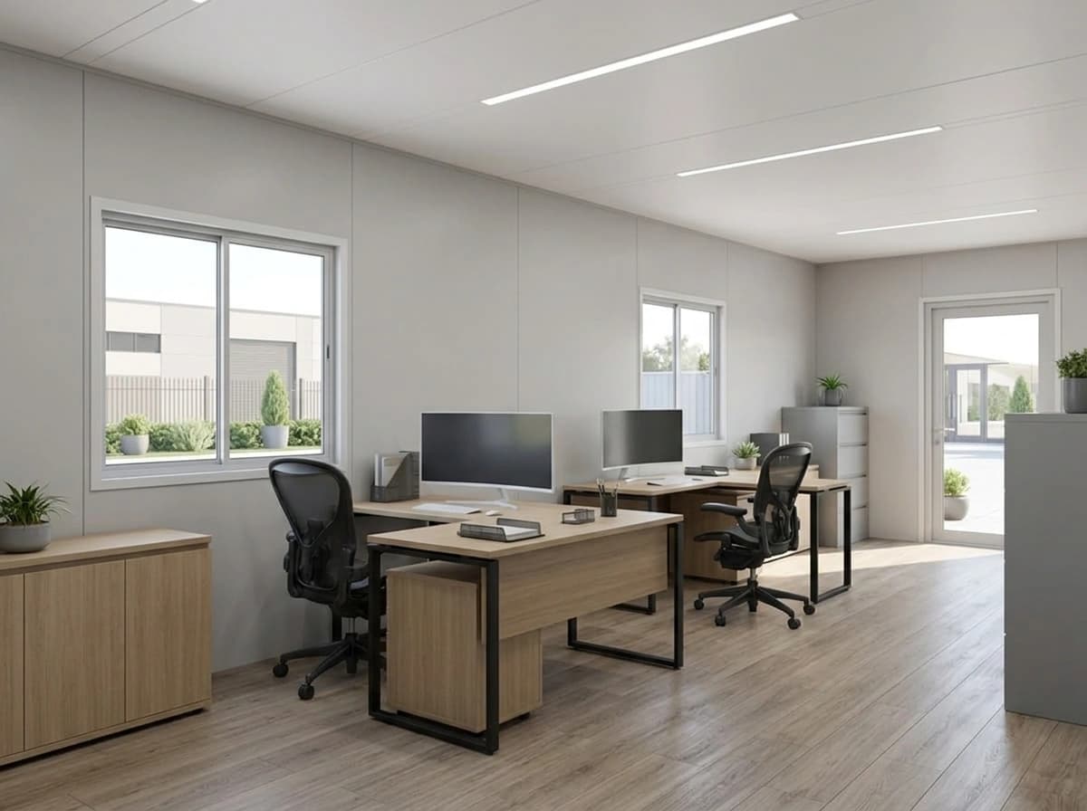 Portable cabin in Tumkur — illustrative render of an optionally furnished site office interior with two desks and monitors, mesh office chairs, low storage units and filing cabinets, light grey wall panels, linear LED ceiling lights, sliding windows, a glazed door and wood-look flooring