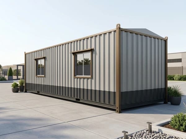 Portable cabin in Tumkur — illustrative three-quarter view of the container-style cabin showing two framed windows on the long side, the plain end wall, bronze-brown corner posts and the charcoal lower band, on a paved yard with potted plants