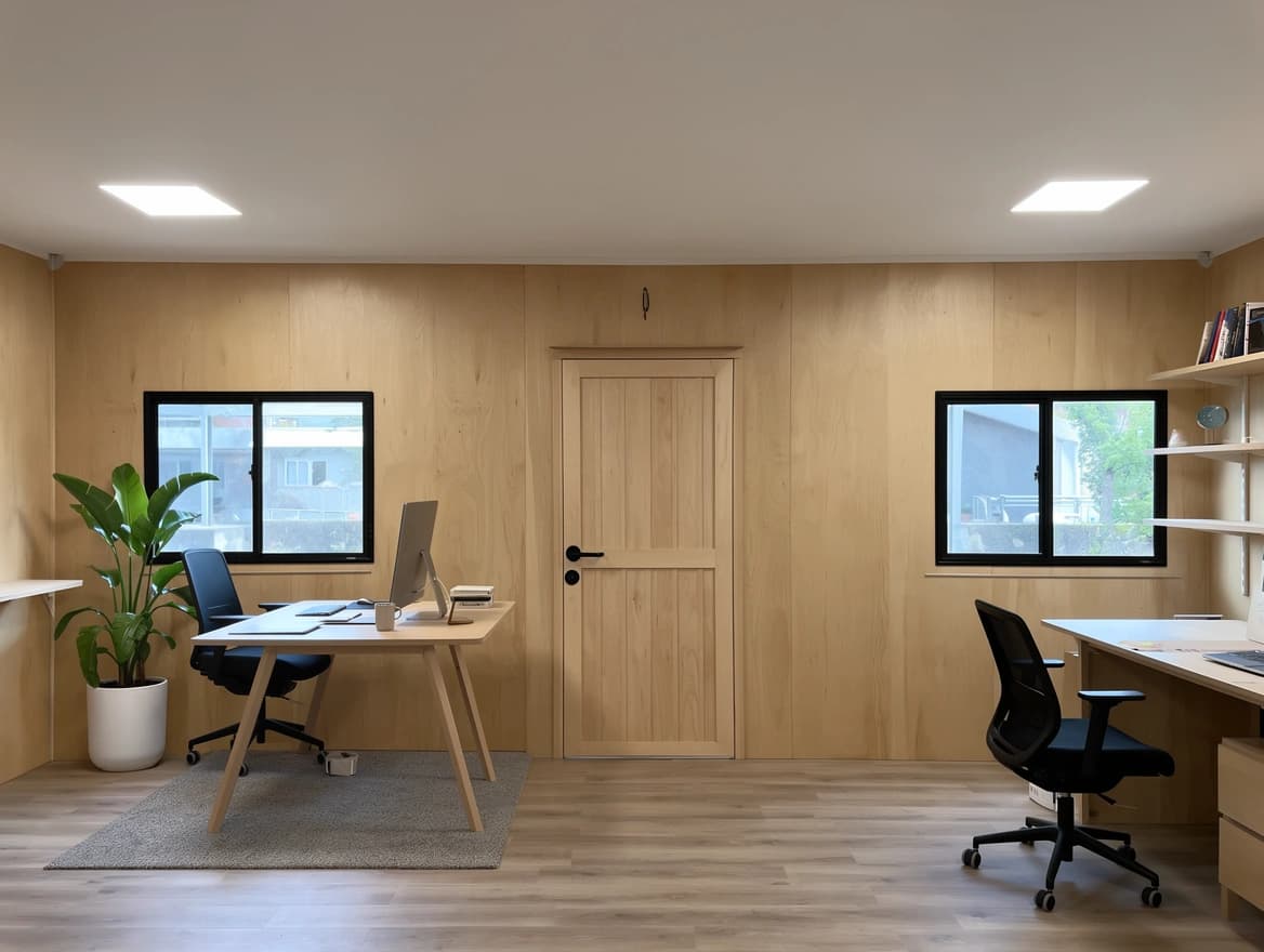 Portable cabin in Kolar — illustrative render of an optionally furnished office interior with plywood-finish wall panels, a panelled door, two black-framed sliding windows, recessed ceiling lights, a desk with a monitor, a second desk with shelving, office chairs and wood-look flooring