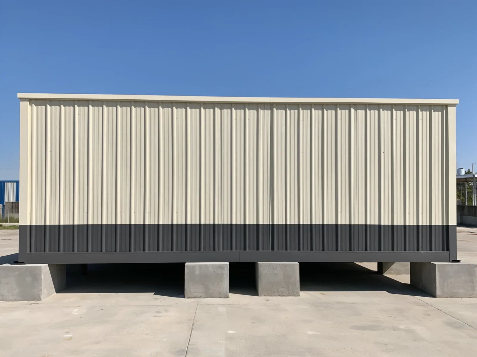 Portable cabin in Kolar — illustrative side elevation of the cream container-style cabin showing the plain ribbed long wall, the charcoal lower band and the concrete block supports on a paved yard