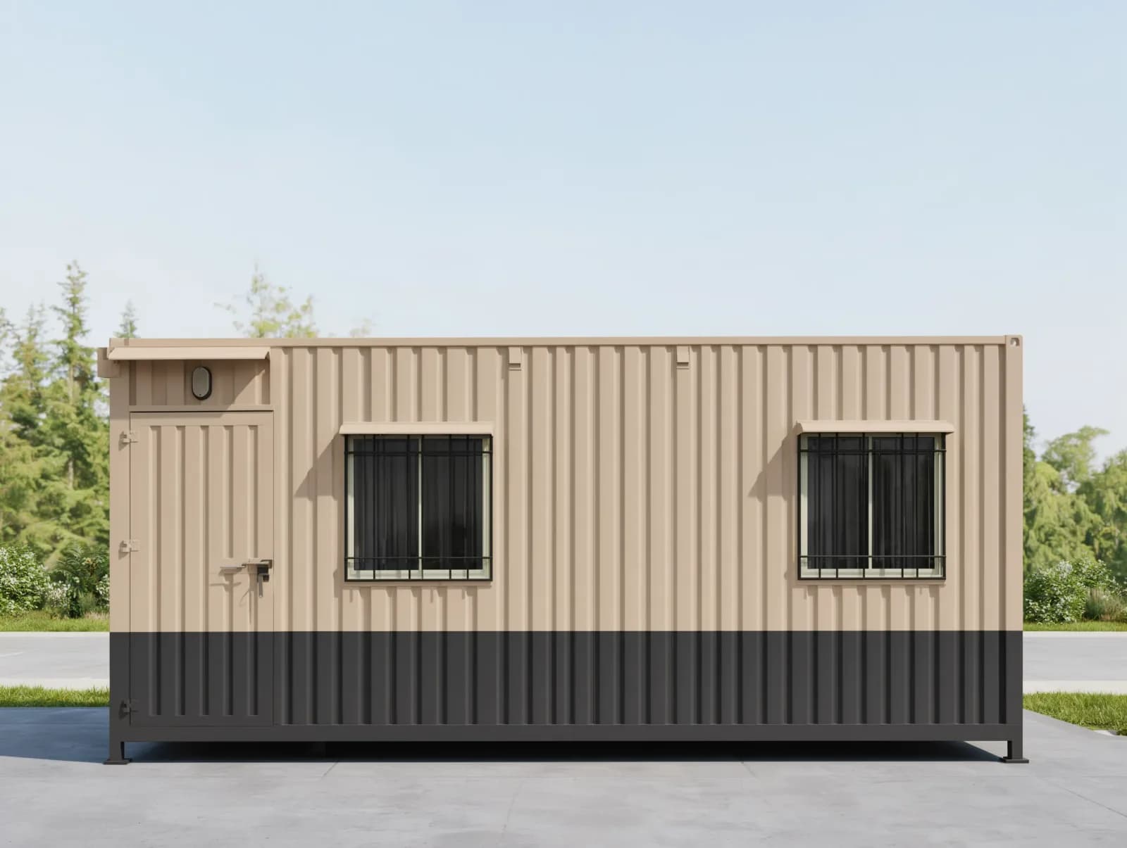 Portable cabins in Krishnagiri Industrial Area — illustrative door-side elevation of the container-style cabin: a steel door under a canopy with a wall lamp, two grilled windows with sun hoods, beige corrugated walls over a charcoal lower band, on steel feet