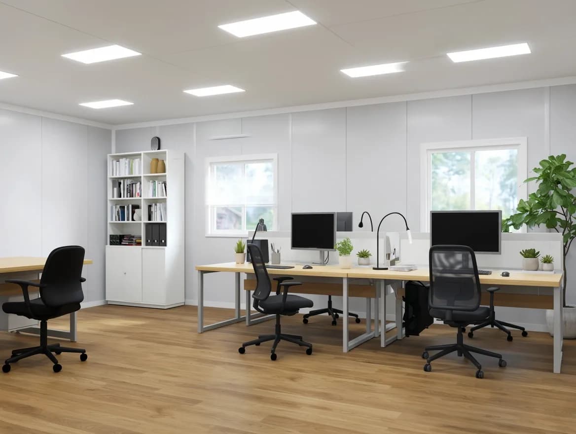 Portable cabins in Krishnagiri Industrial Area — illustrative render of an optionally furnished site office interior with three desks and monitors, mesh office chairs, a white shelving unit, light grey wall panels, recessed ceiling lights, two windows and wood-look flooring
