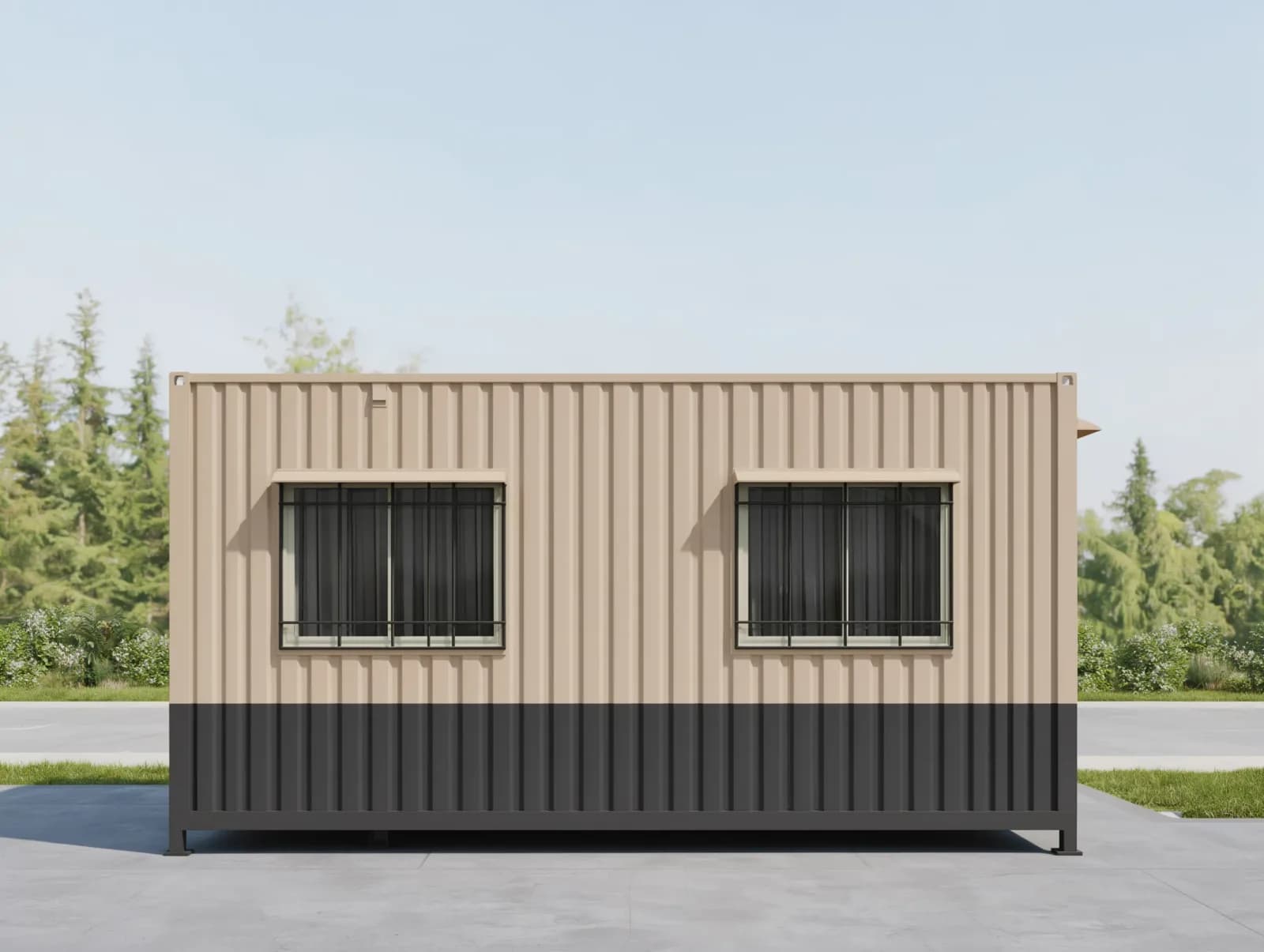 Portable cabins in Krishnagiri Industrial Area — illustrative elevation of the cabin's opposite long side with two grilled windows under sun hoods, beige corrugated walls over a charcoal lower band and corner castings, on steel feet