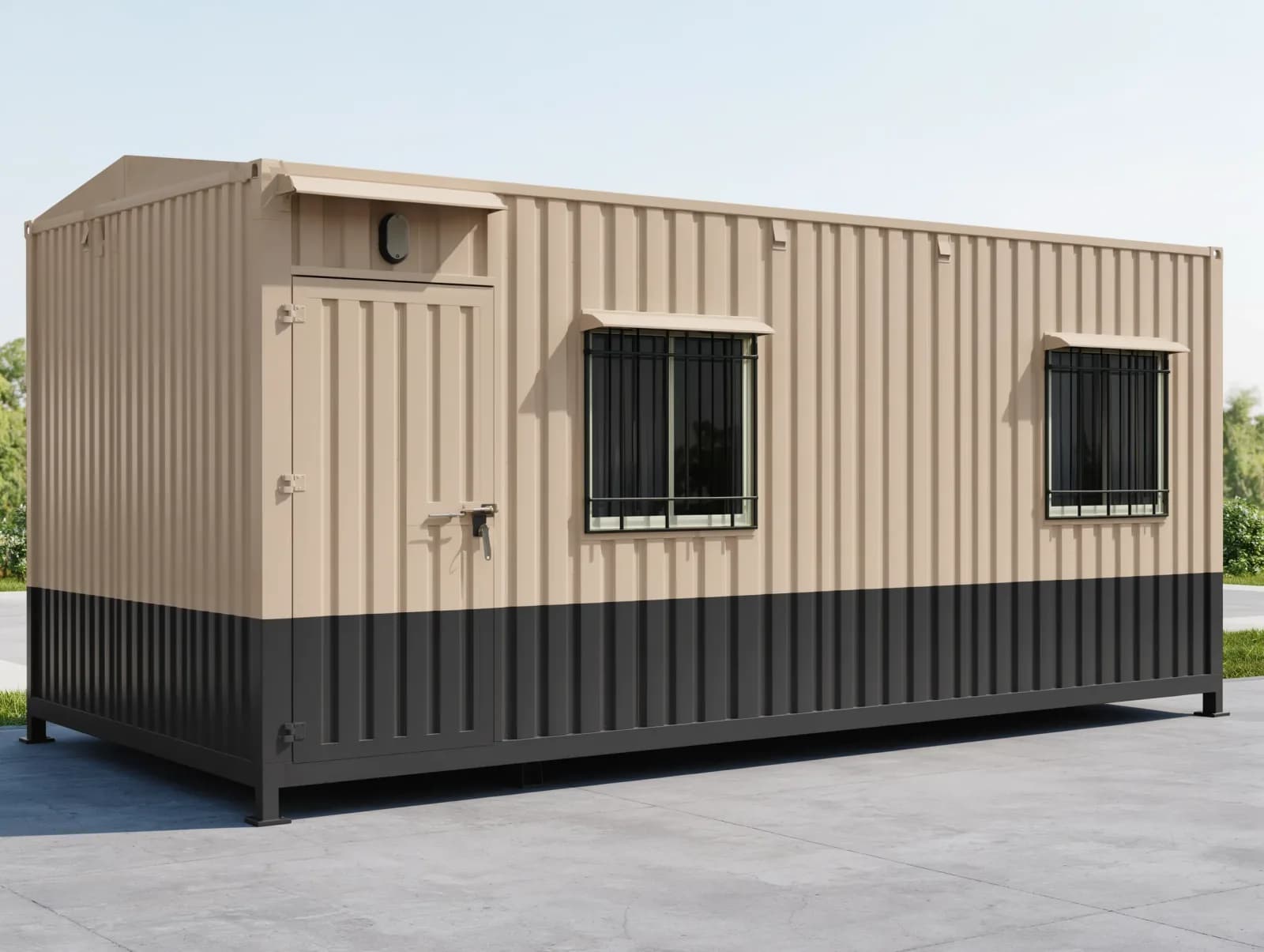 Portable cabins in Krishnagiri Industrial Area — illustrative three-quarter render of a container-style portable cabin with beige corrugated walls over a charcoal lower band, a lockable steel door under a small canopy with a wall lamp, and two grilled windows with sun hoods, standing on steel feet on a paved yard