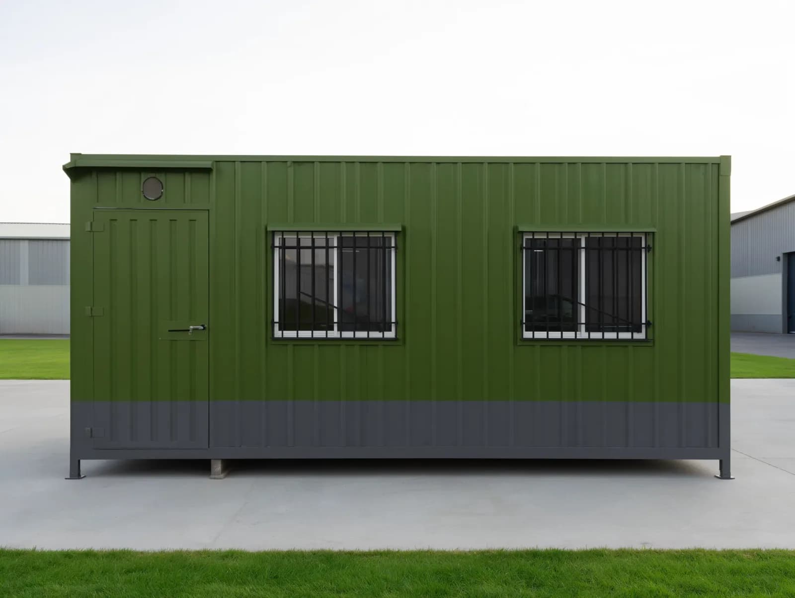 Portable cabin in Magadi — illustrative front elevation of the olive-green container-style cabin showing the steel door with its hood and porthole, two grilled sliding windows and the charcoal lower band