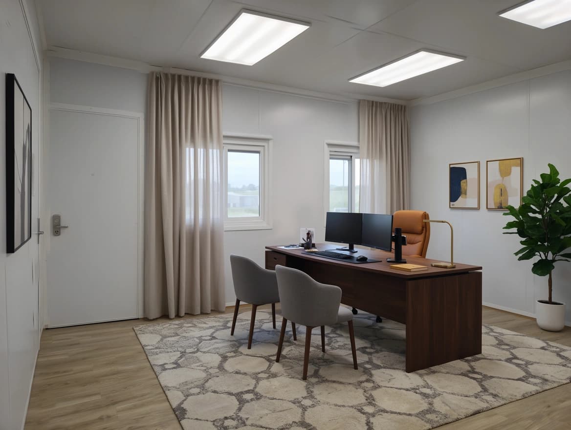 Portable cabin in Magadi — illustrative render of an optionally furnished office interior with a desk, two monitors and chairs, white wall panels, flush LED ceiling lights, two curtained windows, a steel door and wood-look flooring