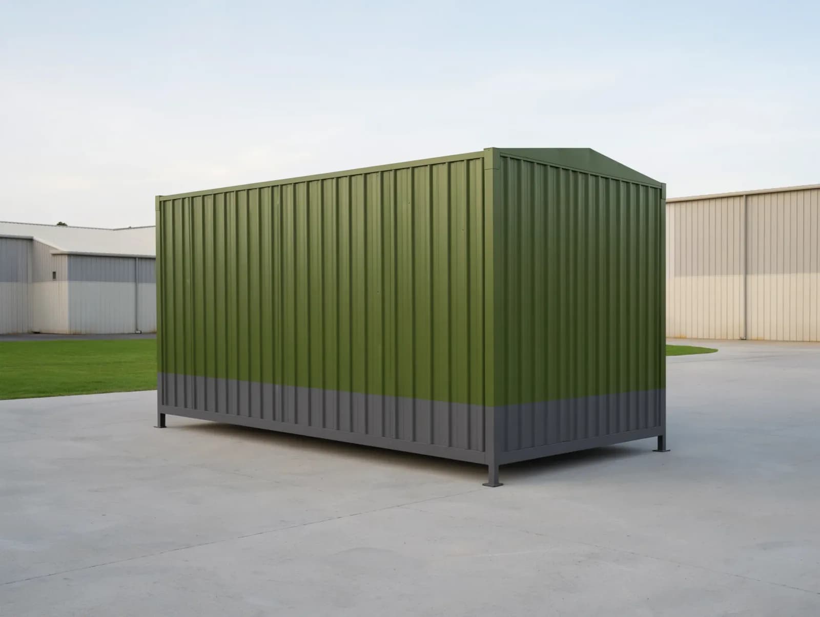 Portable cabin in Magadi — illustrative rear three-quarter view of the olive-green container-style cabin showing its plain corrugated long wall, the gable end and the charcoal lower band on steel feet