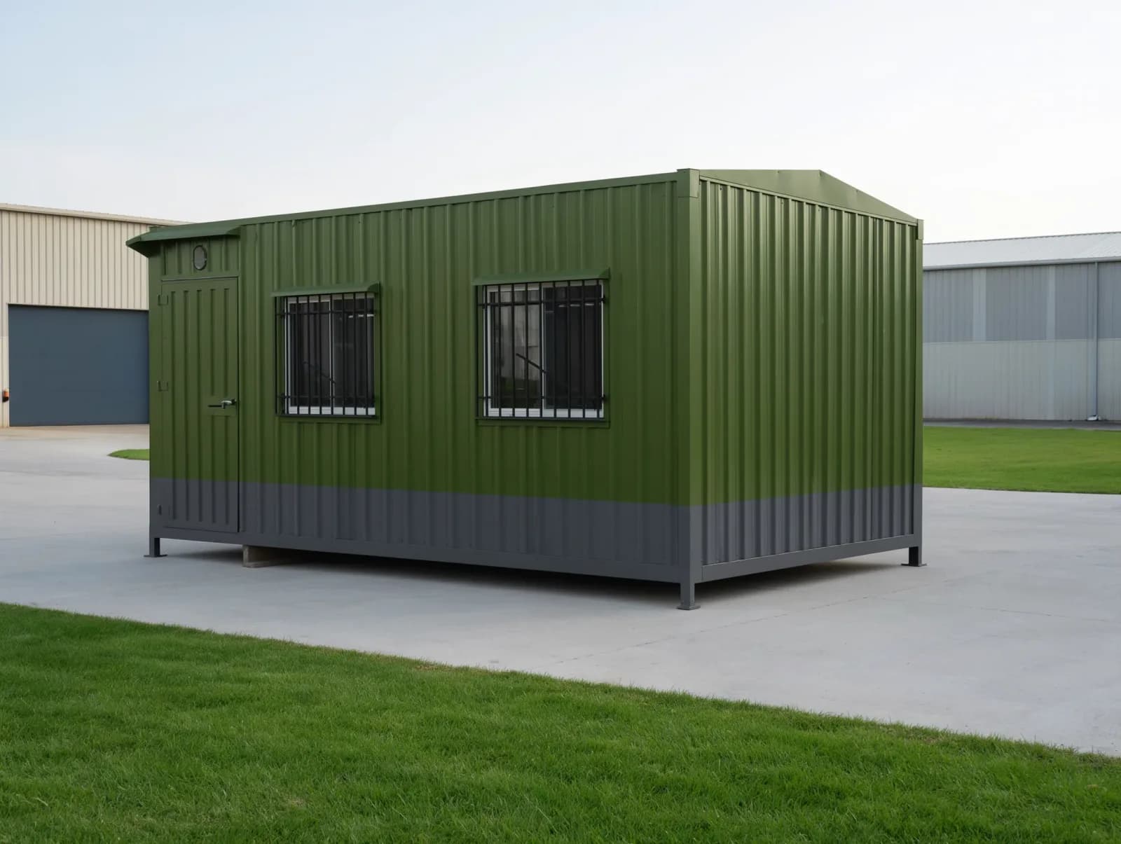 Portable cabin in Magadi — illustrative three-quarter view of an olive-green container-style portable cabin with a charcoal lower band, a steel door under a small hood, a porthole and two grilled sliding windows, on a paved yard beside a lawn