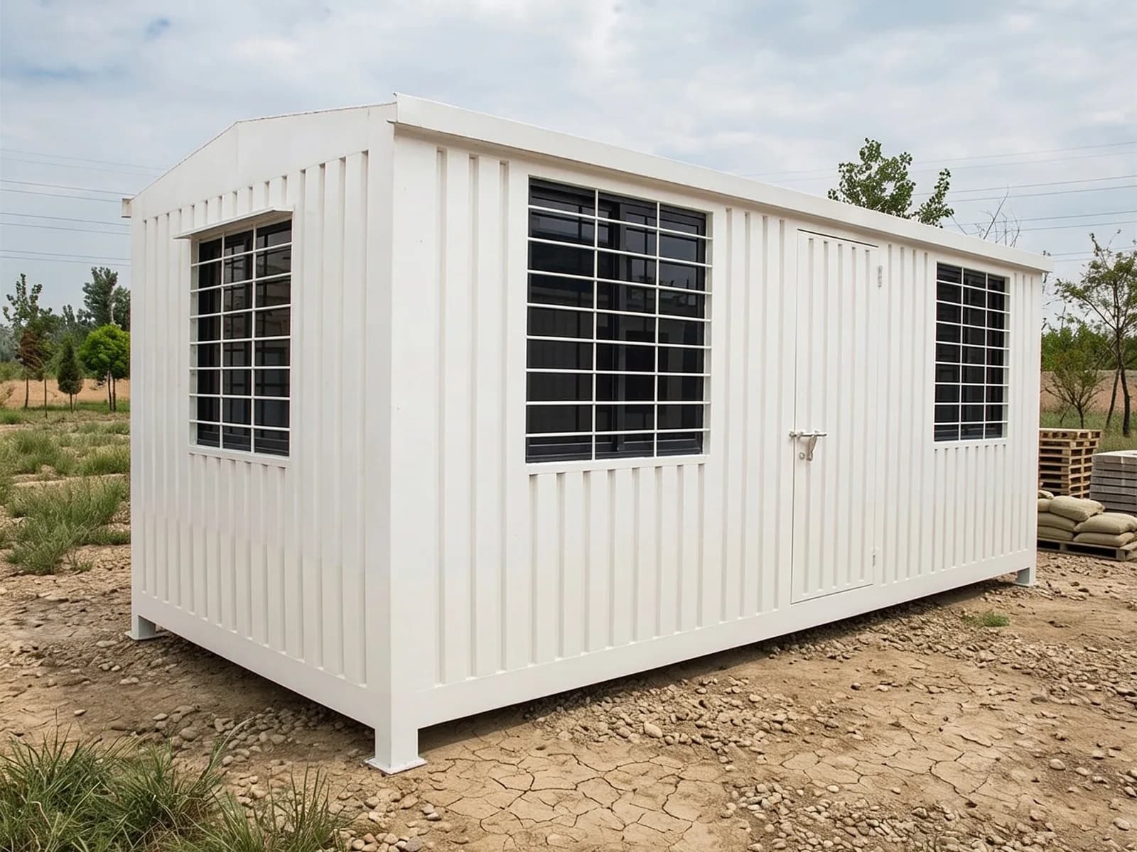Portable cabin for Devanahalli Airport sites — illustrative three-quarter view from the gable end, showing a grilled window under a small hood, a large grilled window, the steel door and a third window on the long side