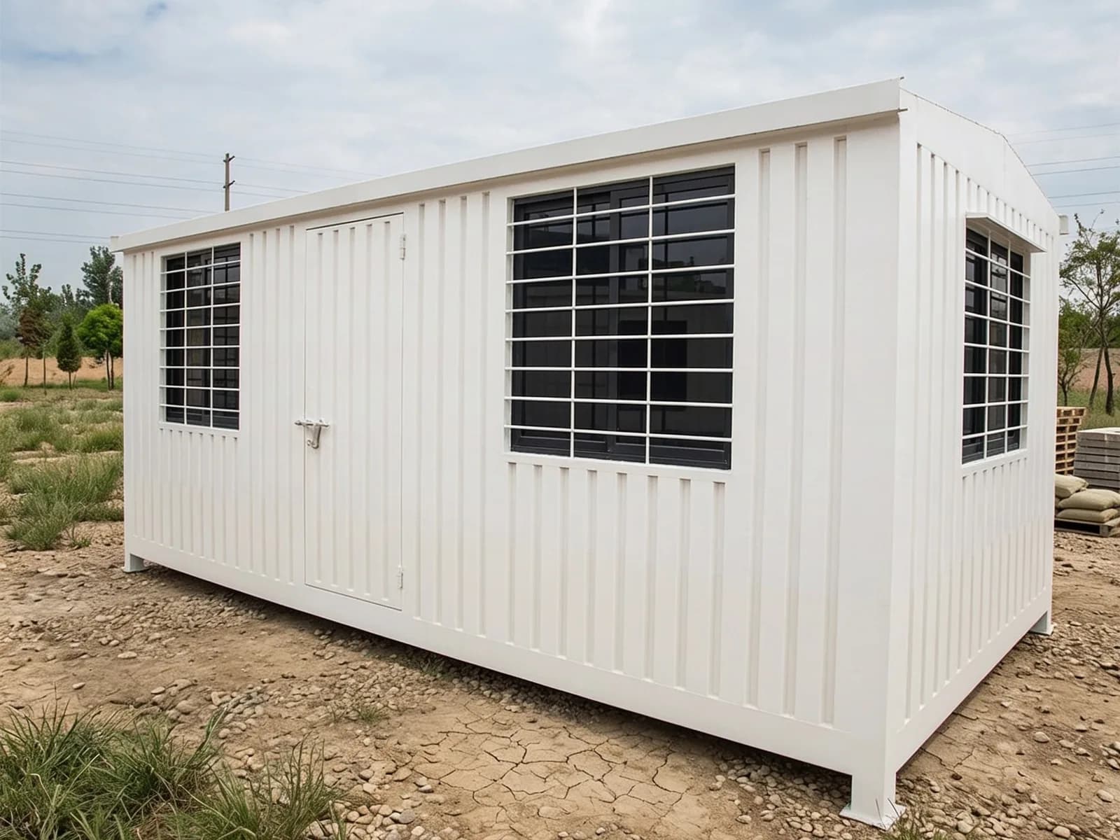 Portable cabin for Devanahalli Airport sites — illustrative render of a white portable cabin with ribbed steel walls, a sloped roof, a steel door and grilled windows on the long side and end wall, standing on steel legs on a cleared plot