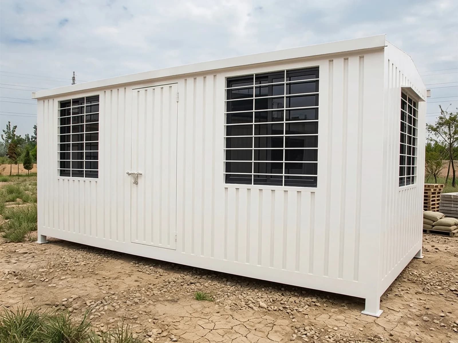 Portable cabin for Devanahalli Airport sites — illustrative front view of the white cabin showing the steel door between a small and a large grilled window, with a third window on the end wall