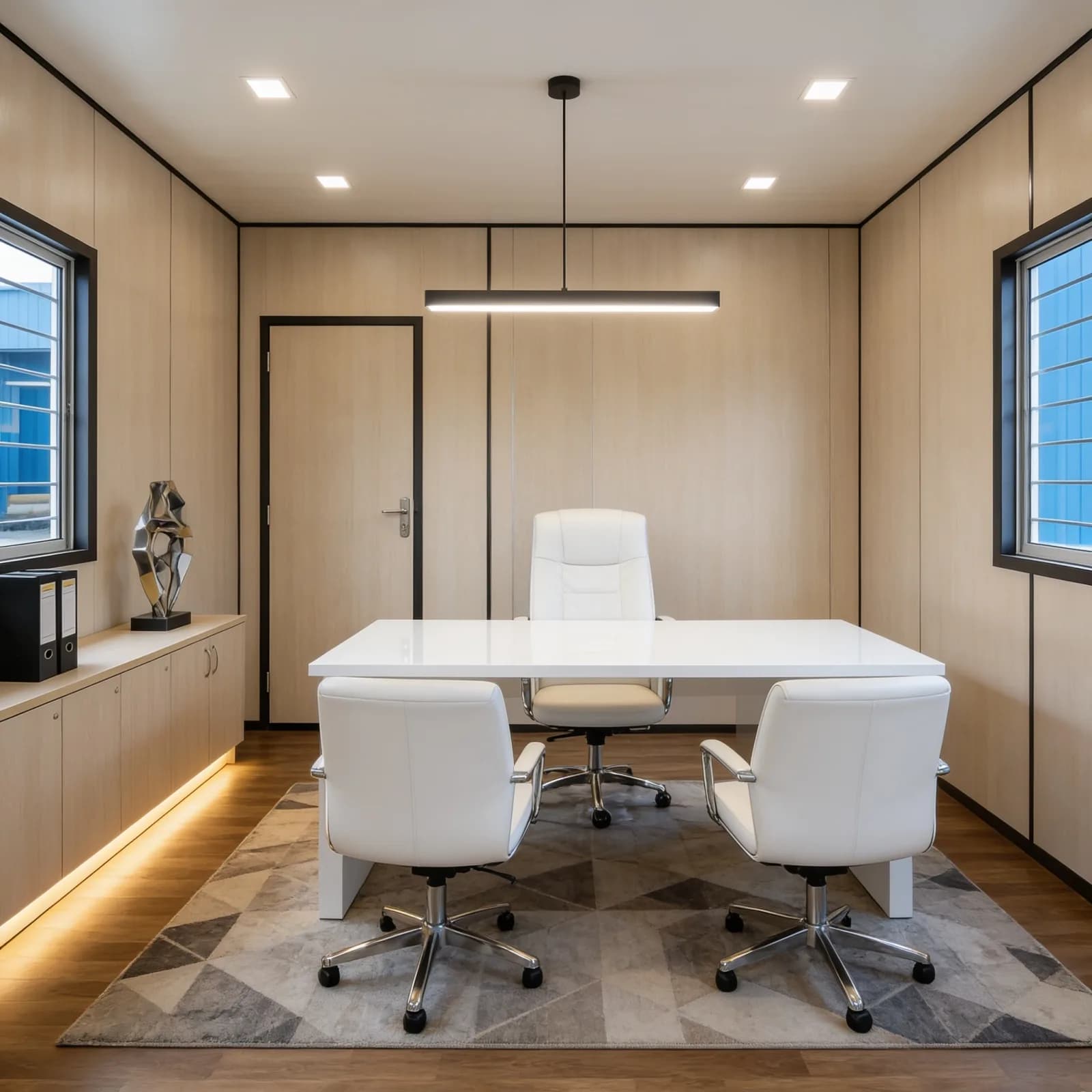 Portable cabin for Devanahalli Airport sites — illustrative render of an optionally furnished office interior with wood-look wall panels, a white desk, three white office chairs, a low storage unit, recessed and pendant LED lights, grilled windows and wood-look flooring