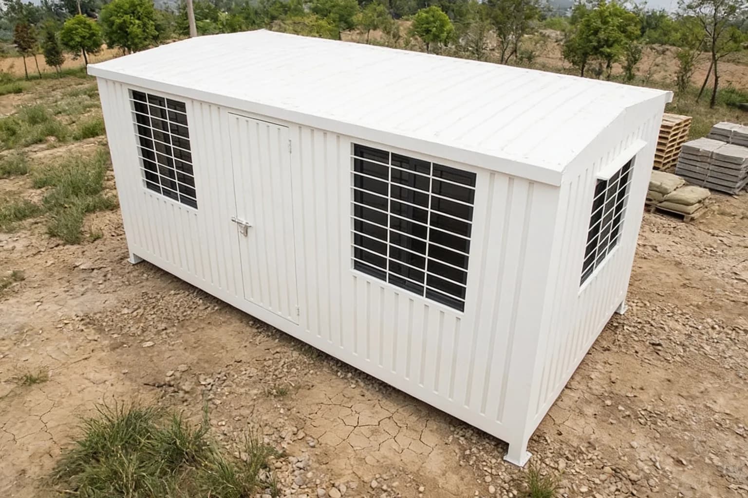 Portable cabin for Devanahalli Airport sites — illustrative raised view of the white cabin showing its sloped roof, the steel door and grilled windows, with cement bags and pallets beside it on a cleared site