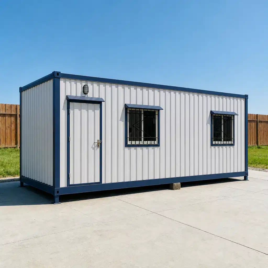 Portable cabin in Perundurai — illustrative render of a container-style portable cabin with white corrugated walls, a navy frame, a door with an outdoor light and two grilled windows under navy hoods, on a concrete yard