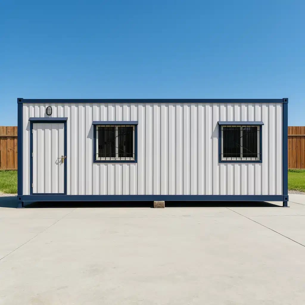 Portable cabin in Perundurai — illustrative front elevation of the cabin, a door with an outdoor light and two grilled windows on the long side, white corrugated walls in a navy frame, on supports
