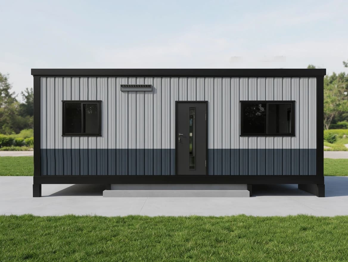 Portable cabin in Machenahalli Industrial Area, Shivamogga — illustrative render of a container-style portable cabin with light grey ribbed steel walls over a charcoal lower band in a black frame, a dark steel door with a slim glazed panel, two black-framed sliding windows and a wall louvre, raised on short legs over a concrete pad with lawn in front