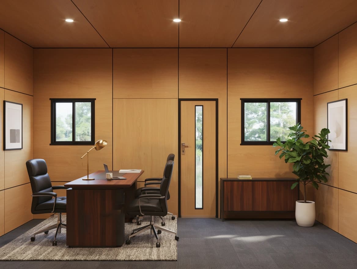 Portable cabin in Machenahalli Industrial Area, Shivamogga — illustrative render of an optionally furnished office interior with wood-finish wall and ceiling panels, recessed ceiling lights, an executive desk with two leather chairs, a low sideboard, two black-framed windows, a door with a slim glazed panel and grey carpet-tile flooring