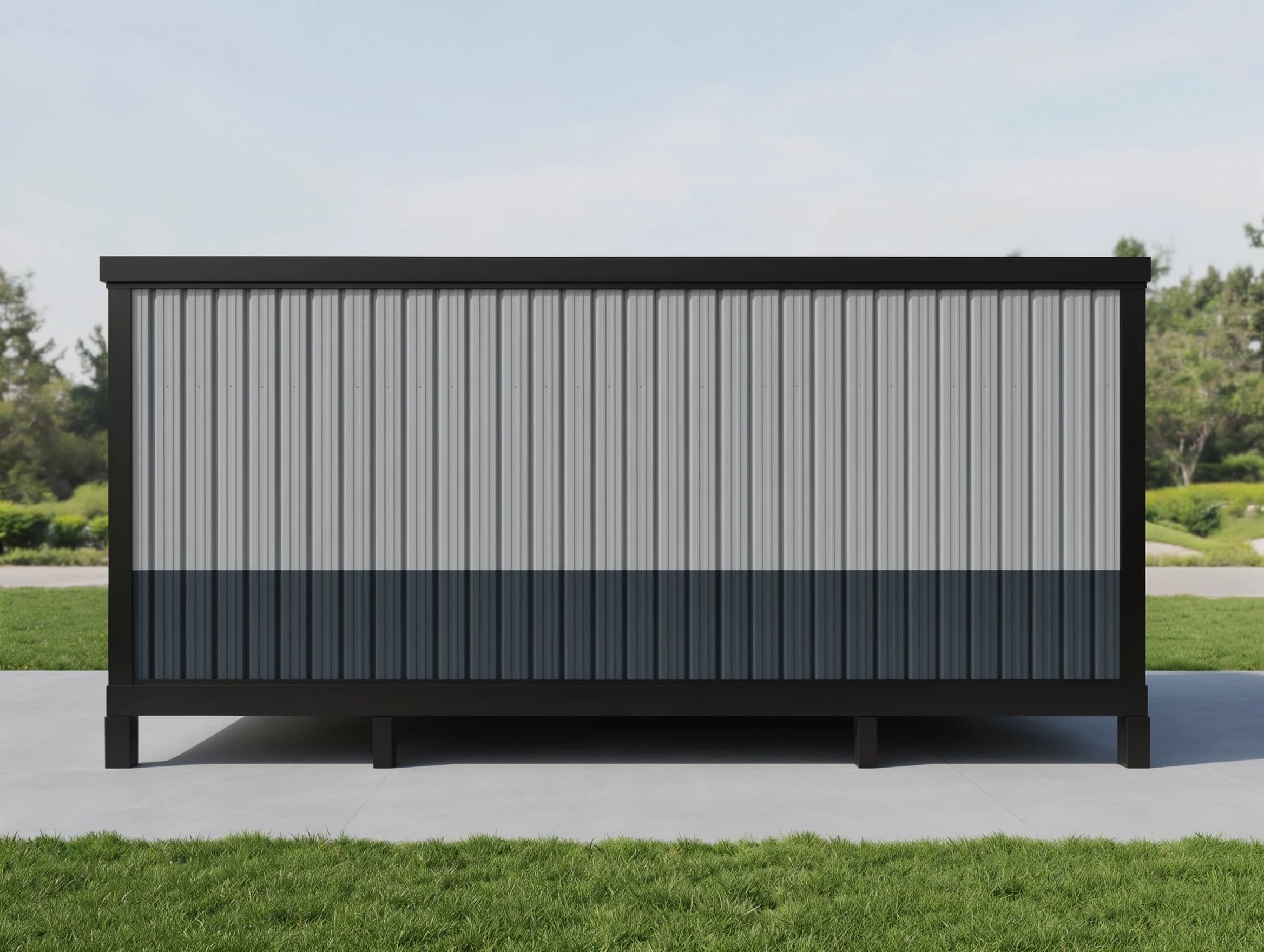 Portable cabin in Machenahalli Industrial Area, Shivamogga — illustrative side elevation of the container-style cabin showing its plain long wall of light grey ribbed steel over a charcoal lower band, the black frame and the short legs on a concrete pad