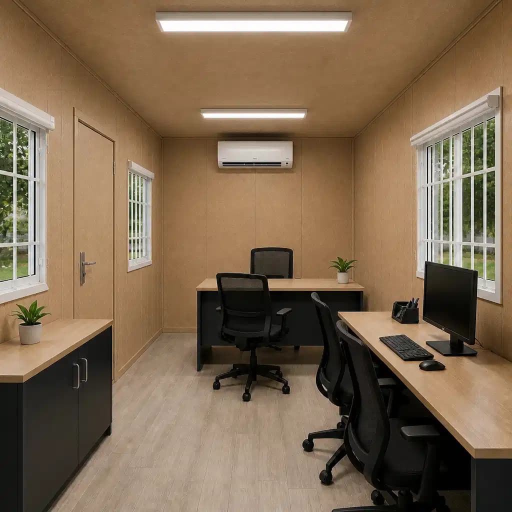 Portable cabin for Tindivanam and SIPCOT Industrial Park sites — illustrative render of a furnished office interior with wood-look wall panels, two desks with office chairs, a computer, a storage cabinet, ceiling lights, a split AC unit and grilled windows