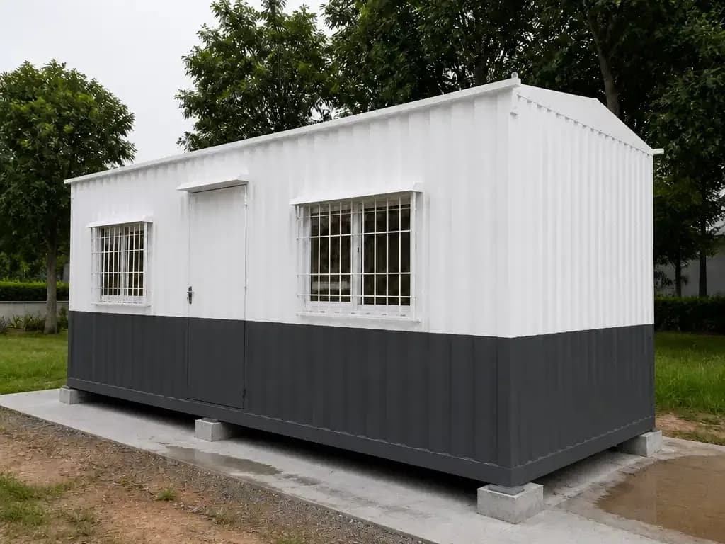 Portable cabin for Tindivanam and SIPCOT Industrial Park sites — illustrative three-quarter view of the white and charcoal cabin with its gabled roof, steel door and grilled windows, raised on concrete blocks