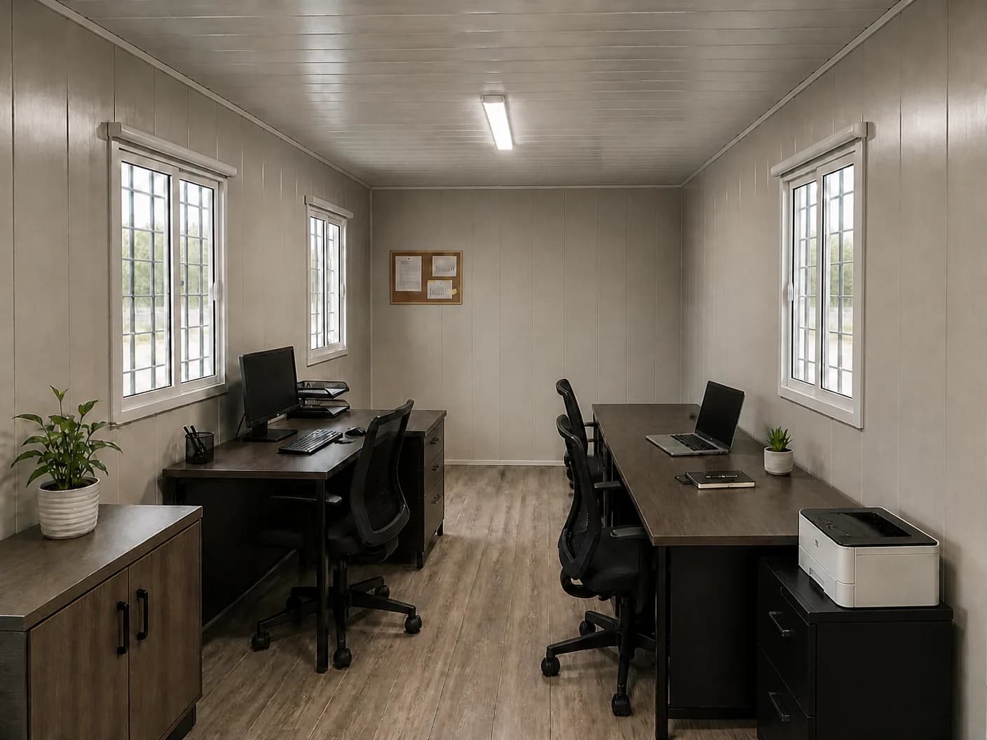 Portable cabin in Tiruvallur — illustrative render of an optionally furnished office interior with light panelled walls and ceiling, two dark desks with black mesh chairs, a computer, a laptop, a printer and storage cabinets, a notice board, a linear ceiling light, white grilled windows and wood-look flooring