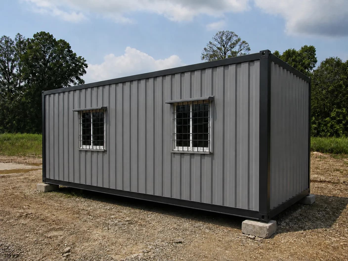 Portable cabin in Tiruvallur — illustrative view of the long side of the grey cabin with two grilled windows under small hoods, on concrete blocks on a gravel plot