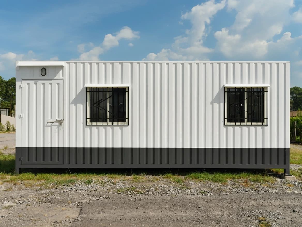 Portable cabin in Vasanthapura Industrial Area — illustrative render of a container-style portable cabin with white corrugated walls, a charcoal lower band, a steel door with an outdoor light and two windows with security grilles, on a gravel site