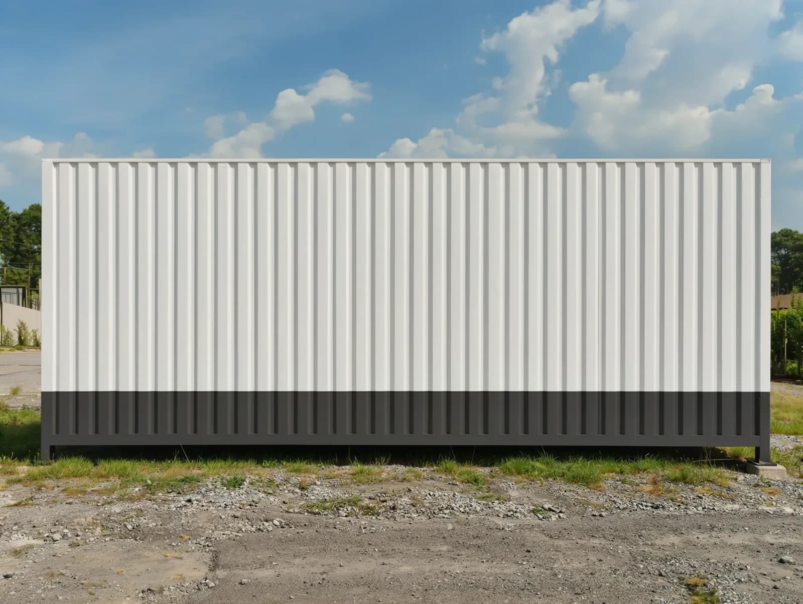 Portable cabin in Vasanthapura — illustrative render of the cabin's plain long side, white corrugated walls above a charcoal lower band, standing on supports on a gravel site