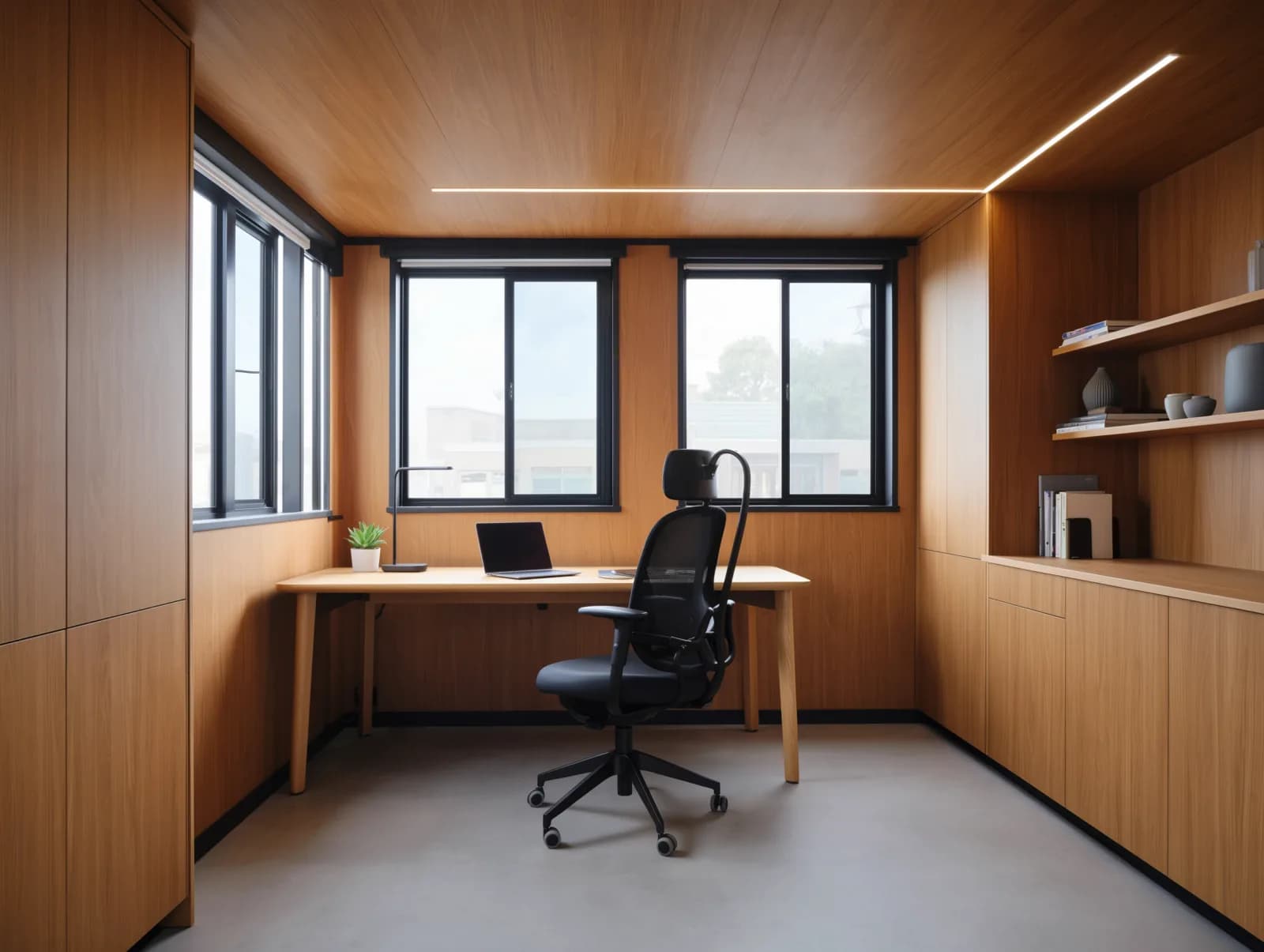 Portable cabin in Vasanthapura — illustrative render of an optionally furnished office interior with wood-look wall and ceiling panels, a desk with a laptop, a mesh office chair, built-in cabinets and shelves, black-framed windows, a linear ceiling light and a grey floor