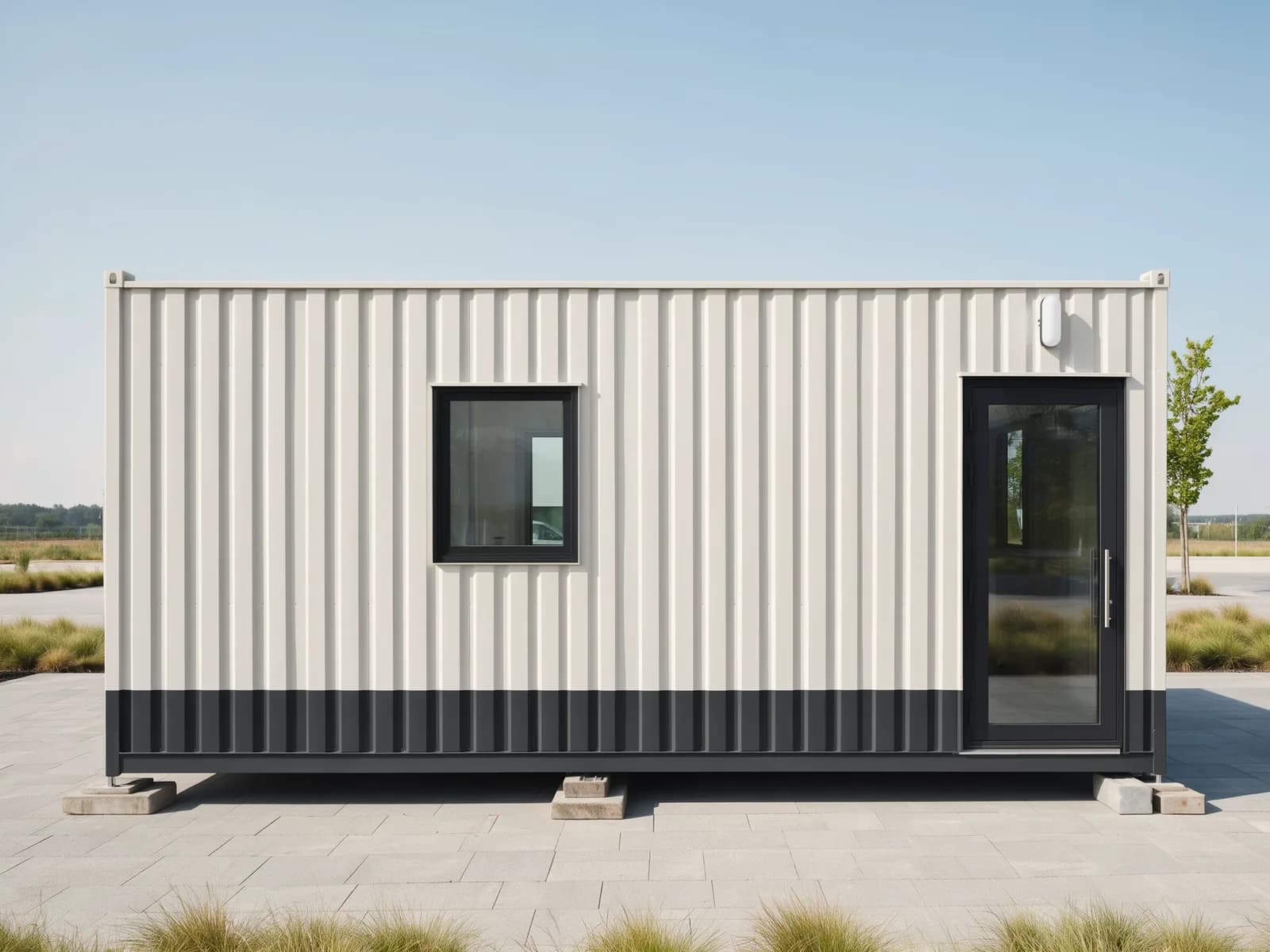 Portable cabin for Vemgal Industrial Area sites — illustrative front view of a white container-style cabin with ribbed steel walls, a charcoal base band, a black-framed window and a glazed door, standing on concrete blocks on a paved plot