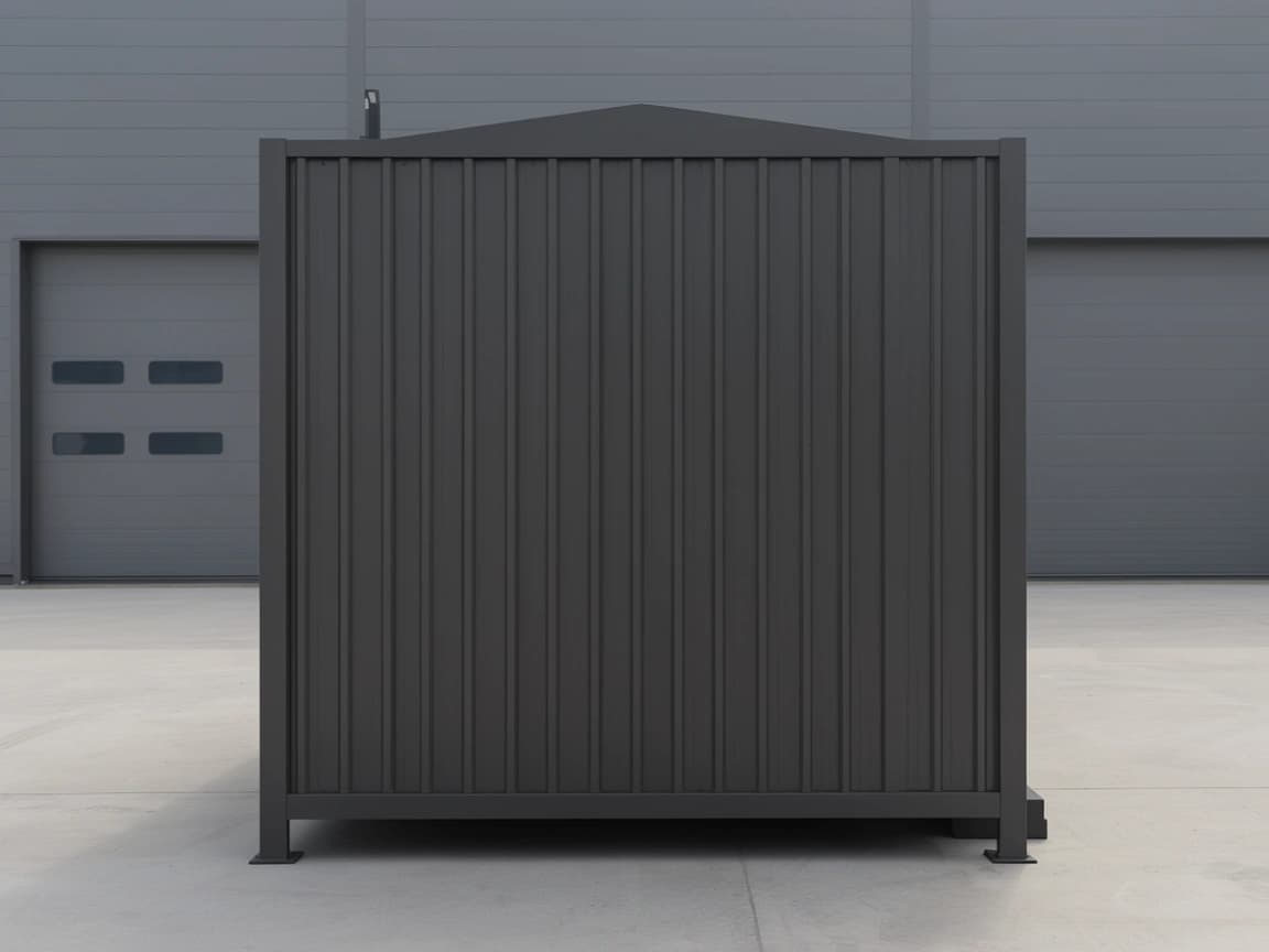 Portable container office for Thoothukudi — blank end elevation of the charcoal-grey corrugated-steel portable office with its corner posts, foot plates and slightly raised roof profile, in front of a grey industrial shed